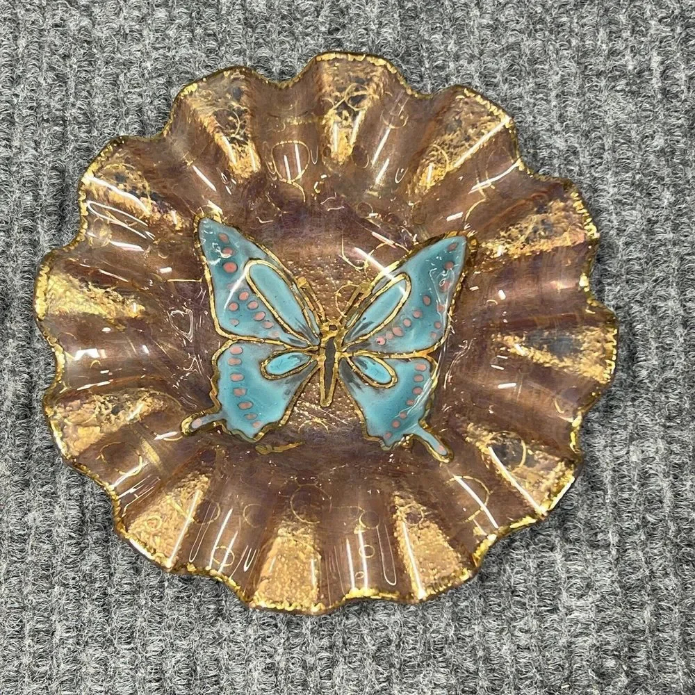 Butterfly Dish Glass 5.5” Ashtray Ruffled Trinket Holder Handpainted Blue‎ Brown